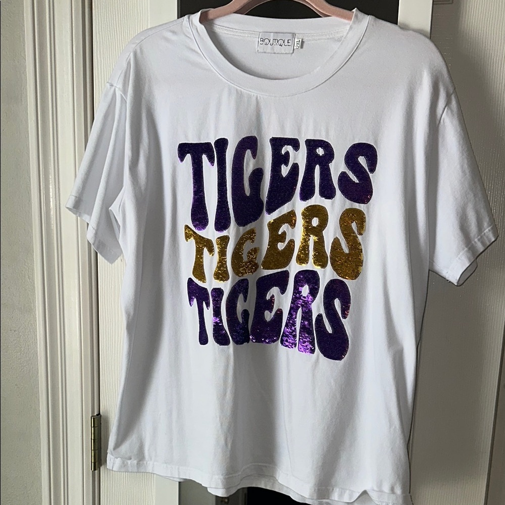 LSU Tigers White T-Shirt with Purple and Gold sequins